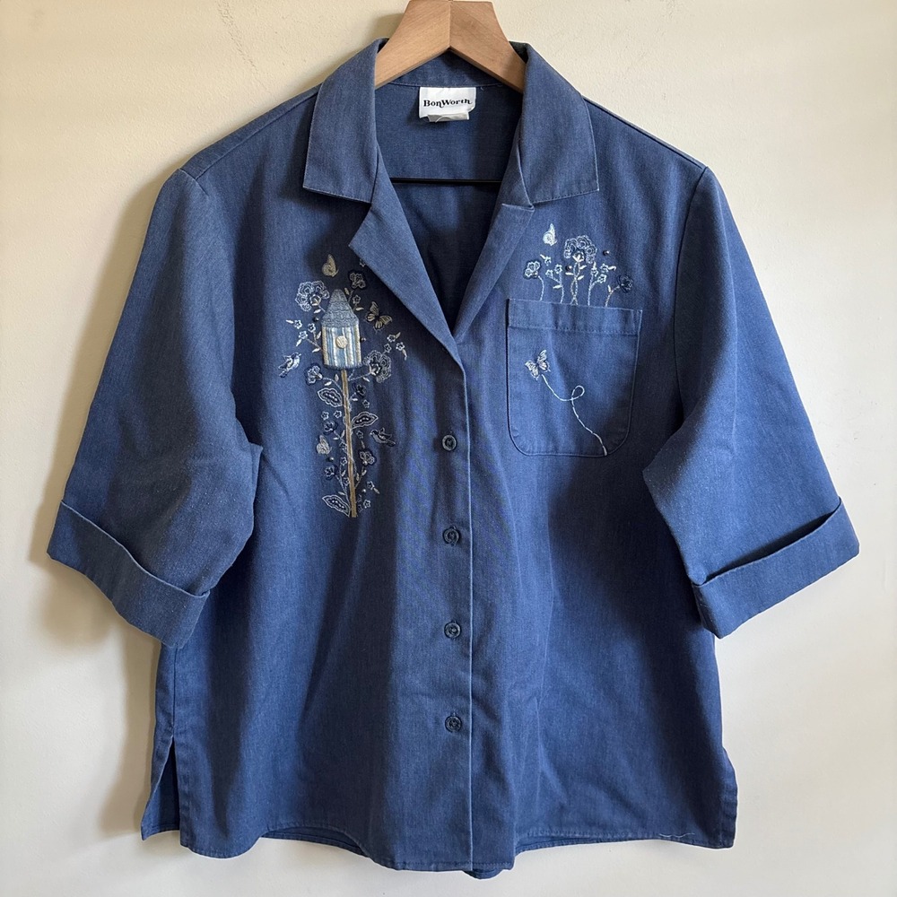 BonWorth Blue Embroidered Birdhouse Floral Button Down Shirt Medium Cottagecore